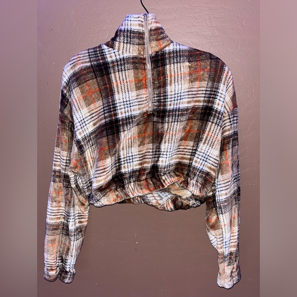 Half Zip plaid graphic drop shoulder crop teddy sweatshirt - Picture 1 of 4